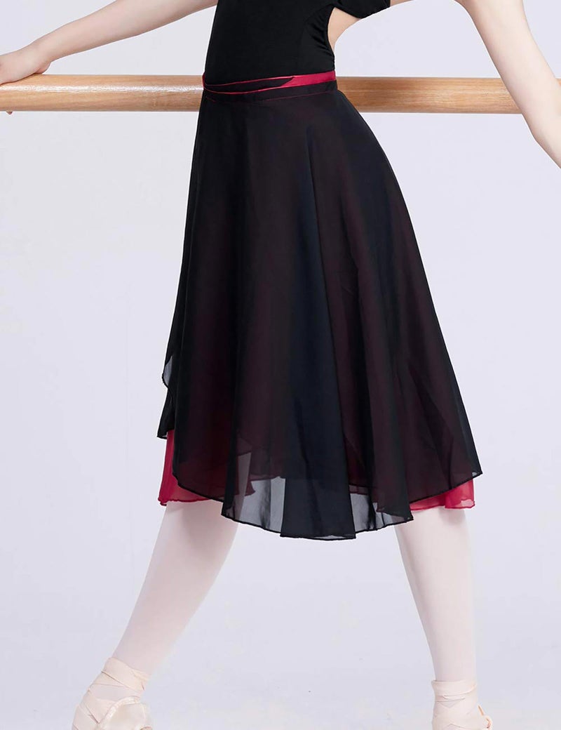 Daydance Burgundy Women's Ballet Skirt Knee Length Wrap Dance Skirts 2 Layers - Image 3